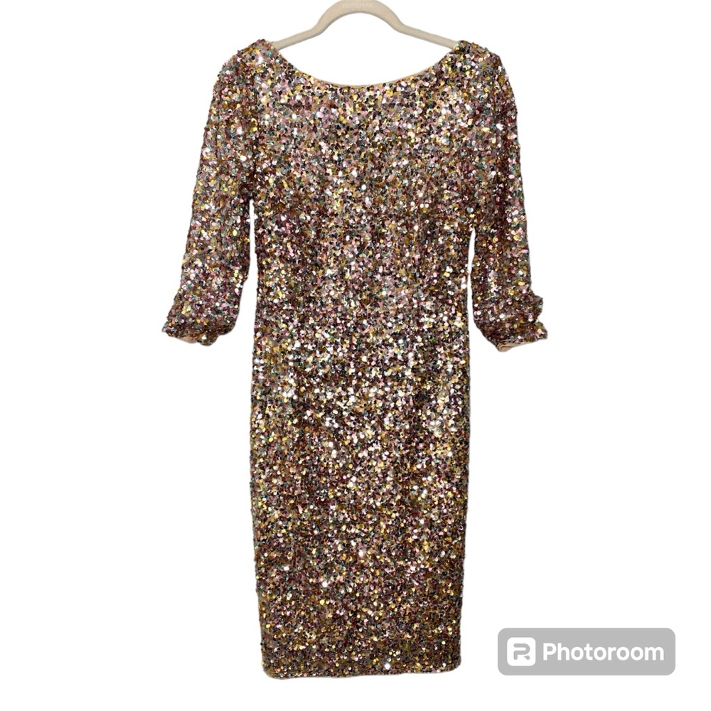 Adrianna Papell Pink and Gold Sequin 3/4 length Sleeve Mini Dress Low Back